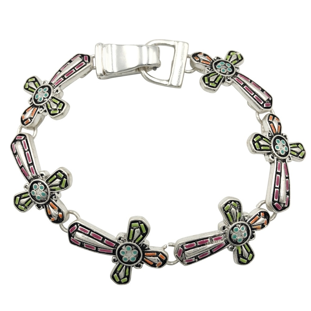 Christian Cross Mosaic Look Silver Tone Clasp Bracelet